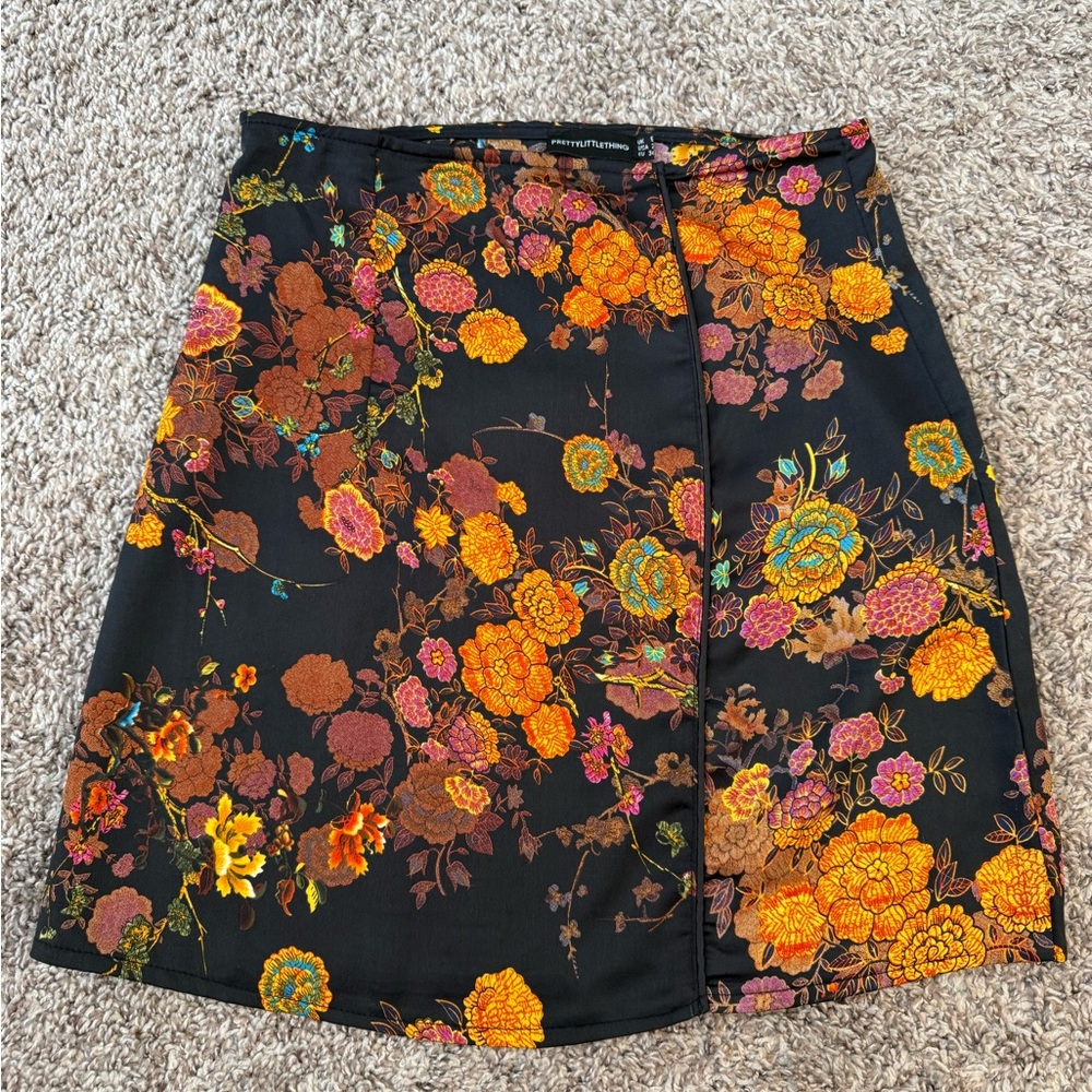 PrettyLittleThing Black Mini Skirt with Orange, Pink & Teal Floral Print
